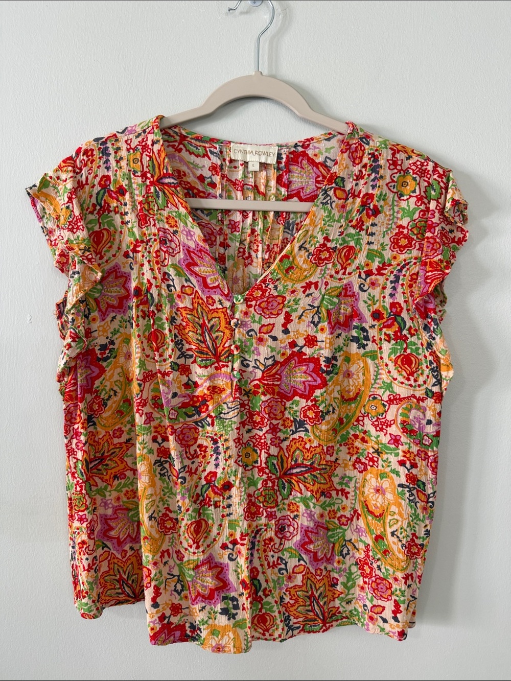 Cynthia Rowley Floral V-Neck Cap Sleeve Top in Pink, Red, Yellow, Green